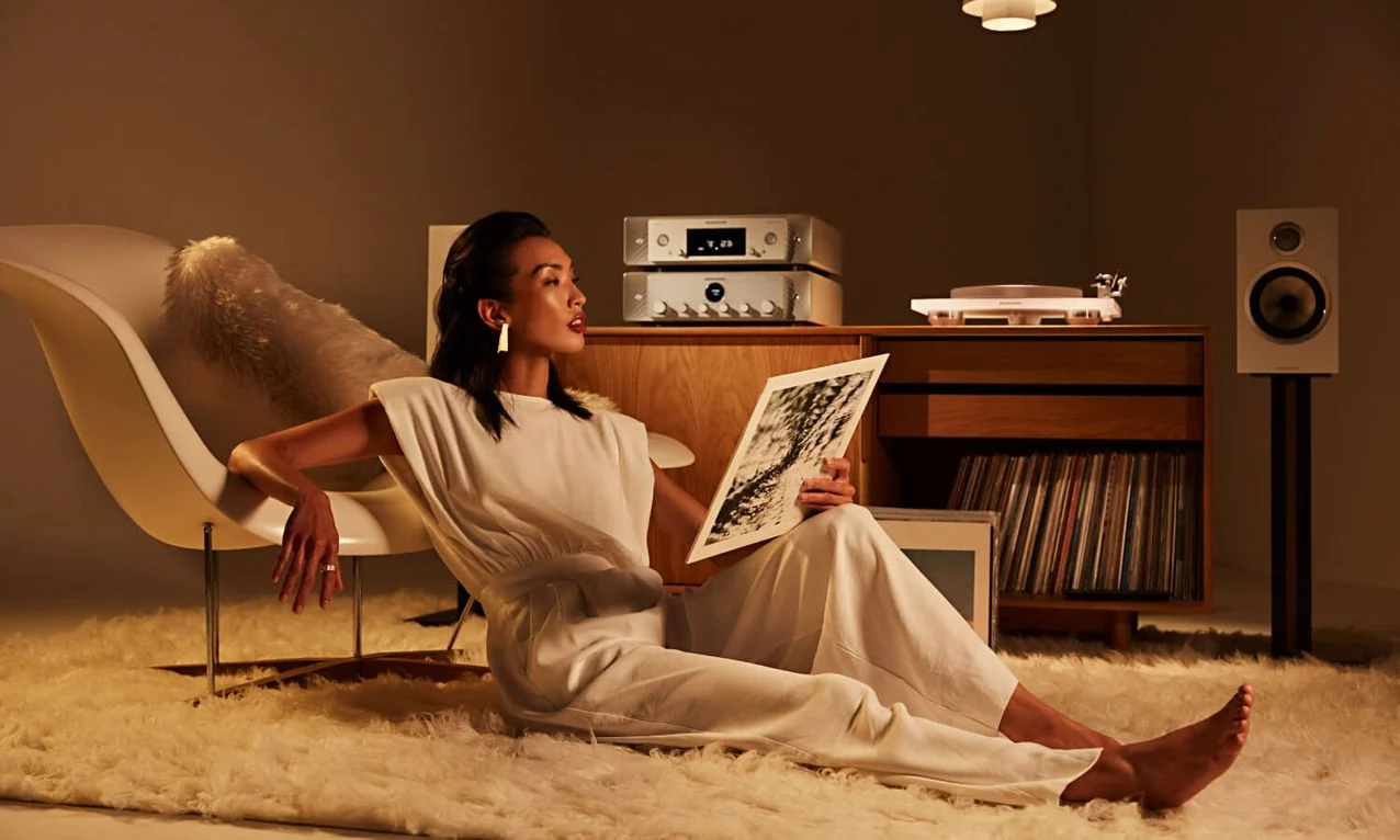 Bowers & Wilkins speaker in a beautifully lit living room